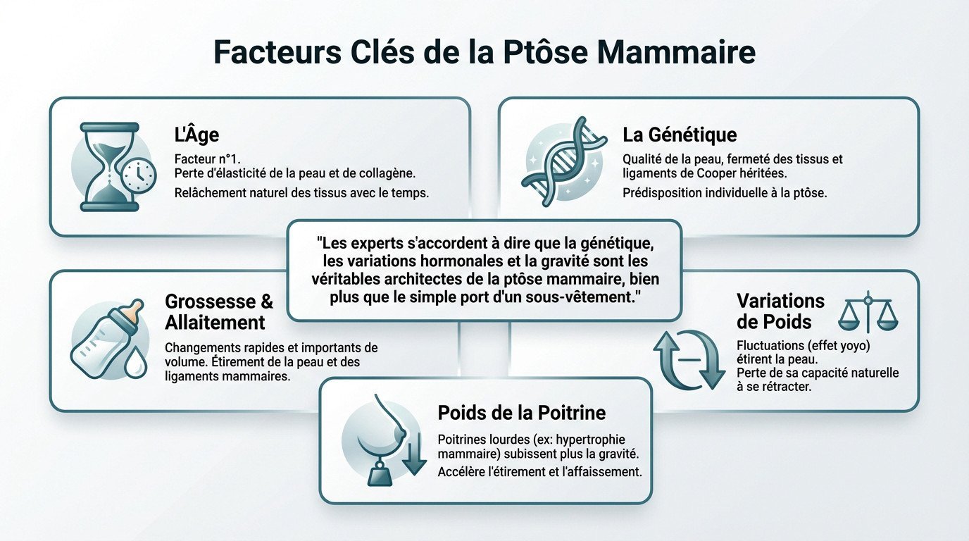 Schéma explicatif montrant les facteurs biologiques influençant la ptôse mammaire : âge, génétique et gravité