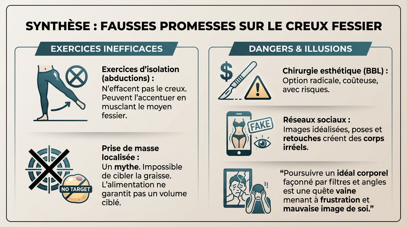 Illustration des mythes et fausses promesses concernant le comblement du creux fessier ou hip dips