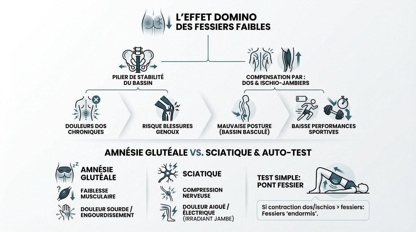 Schéma montrant la différence entre une douleur de sciatique et le syndrome des fessiers endormis