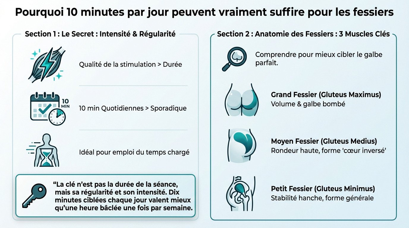 Schéma anatomique des muscles fessiers montrant le grand, moyen et petit fessier pour une routine efficace