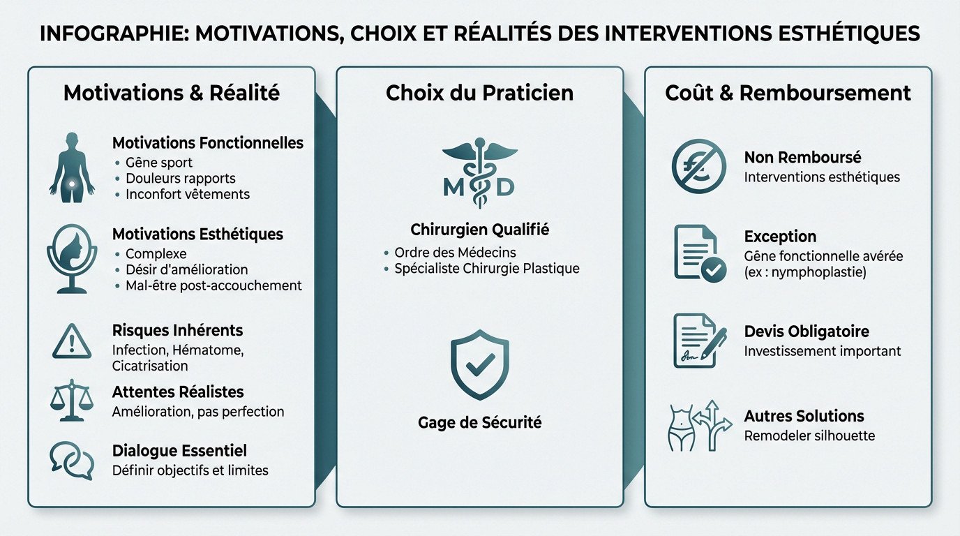 Schéma explicatif sur les motivations, les risques et le choix du chirurgien pour la chirurgie intime