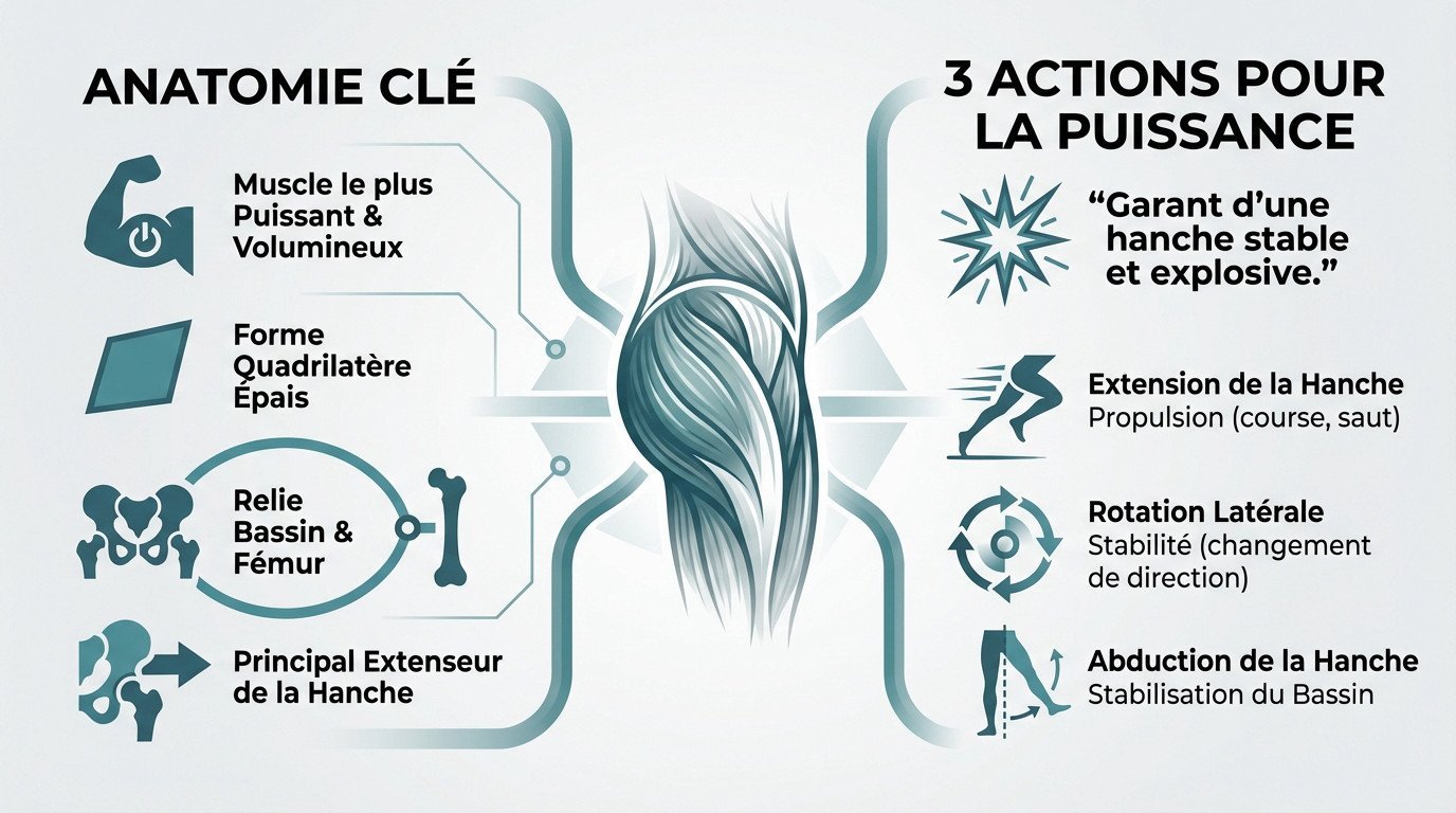 Schéma anatomique du grand fessier montrant ses attaches sur le bassin et le fémur ainsi que ses vecteurs de force pour l'extension de la hanche