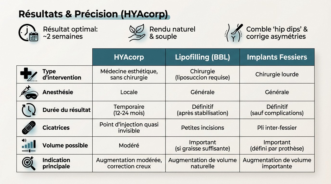 Tableau comparatif des techniques d'augmentation fessière : acide hyaluronique, lipofilling et implants