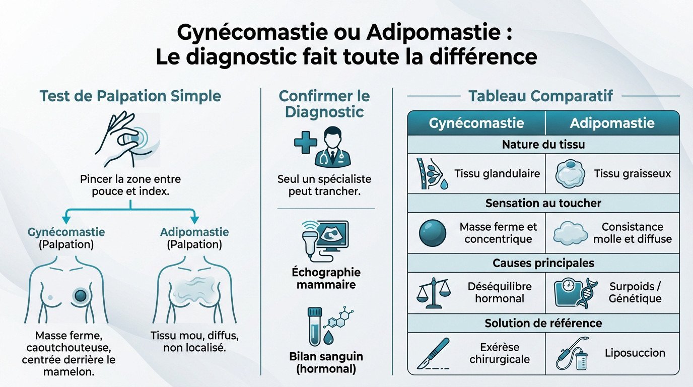 Schéma comparatif illustrant la différence structurelle entre une gynécomastie glandulaire et une adipomastie graisseuse