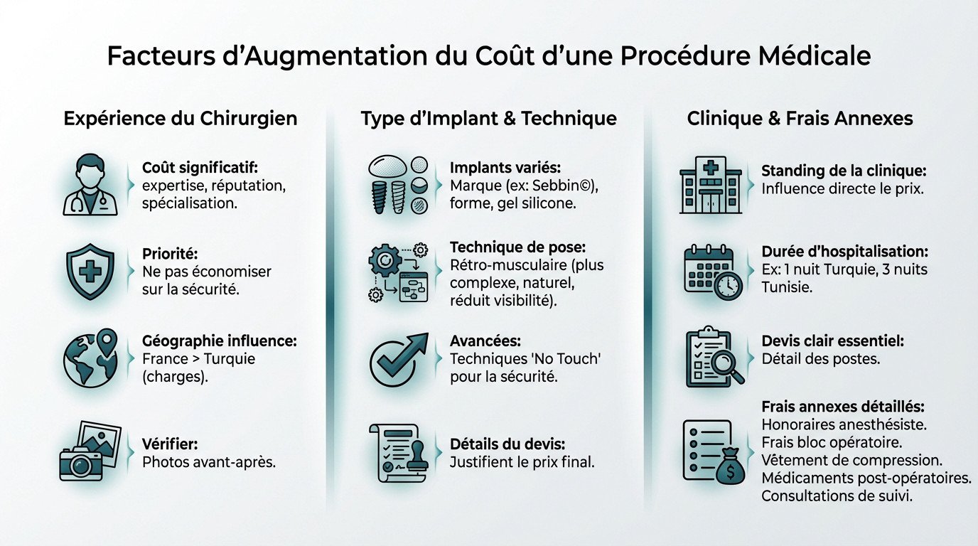 Graphique montrant la répartition des coûts d'une chirurgie esthétique des fesses incluant chirurgien, anesthésie et clinique