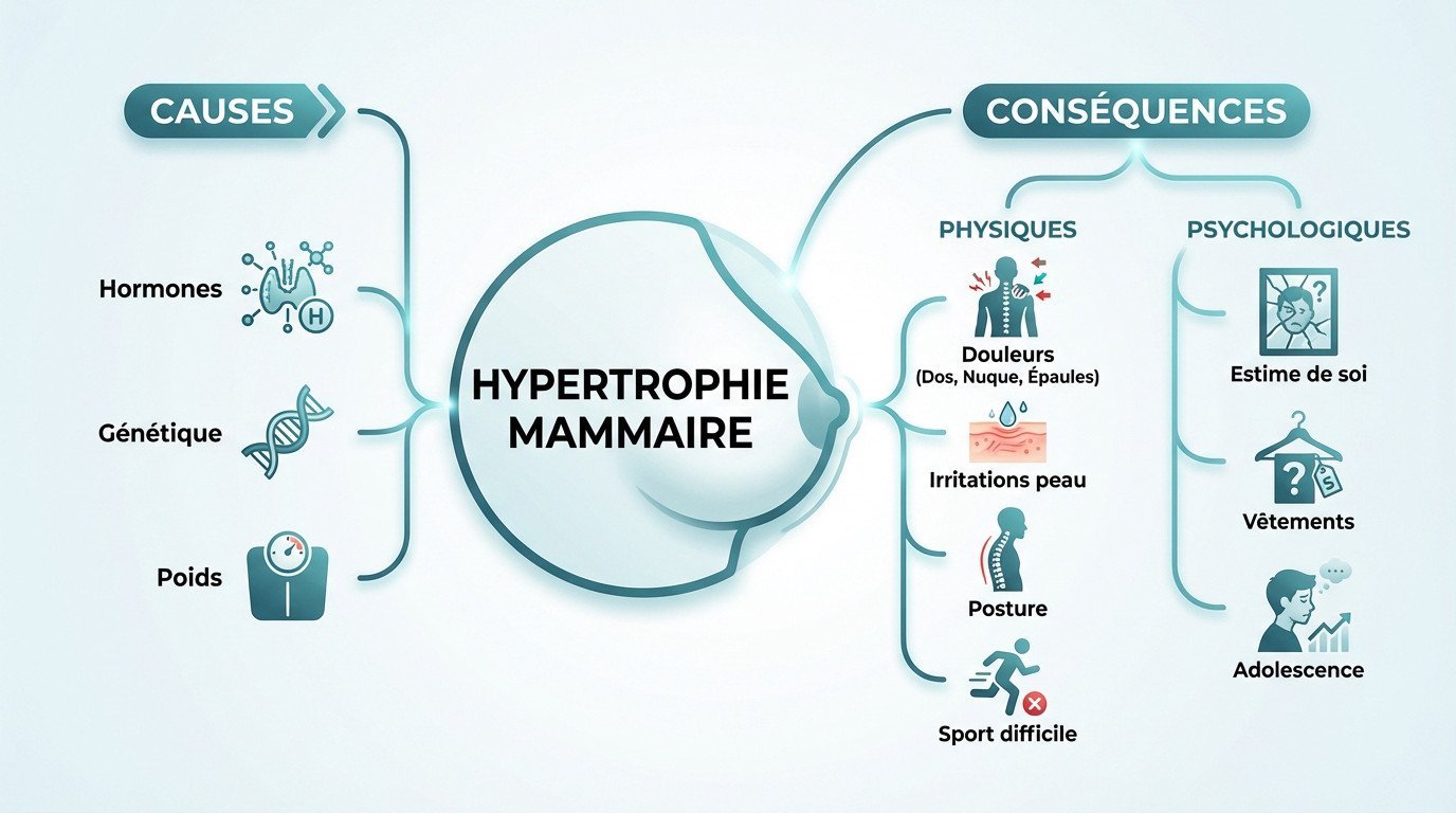 Schéma explicatif des causes et impacts de l'hypertrophie mammaire sur la silhouette