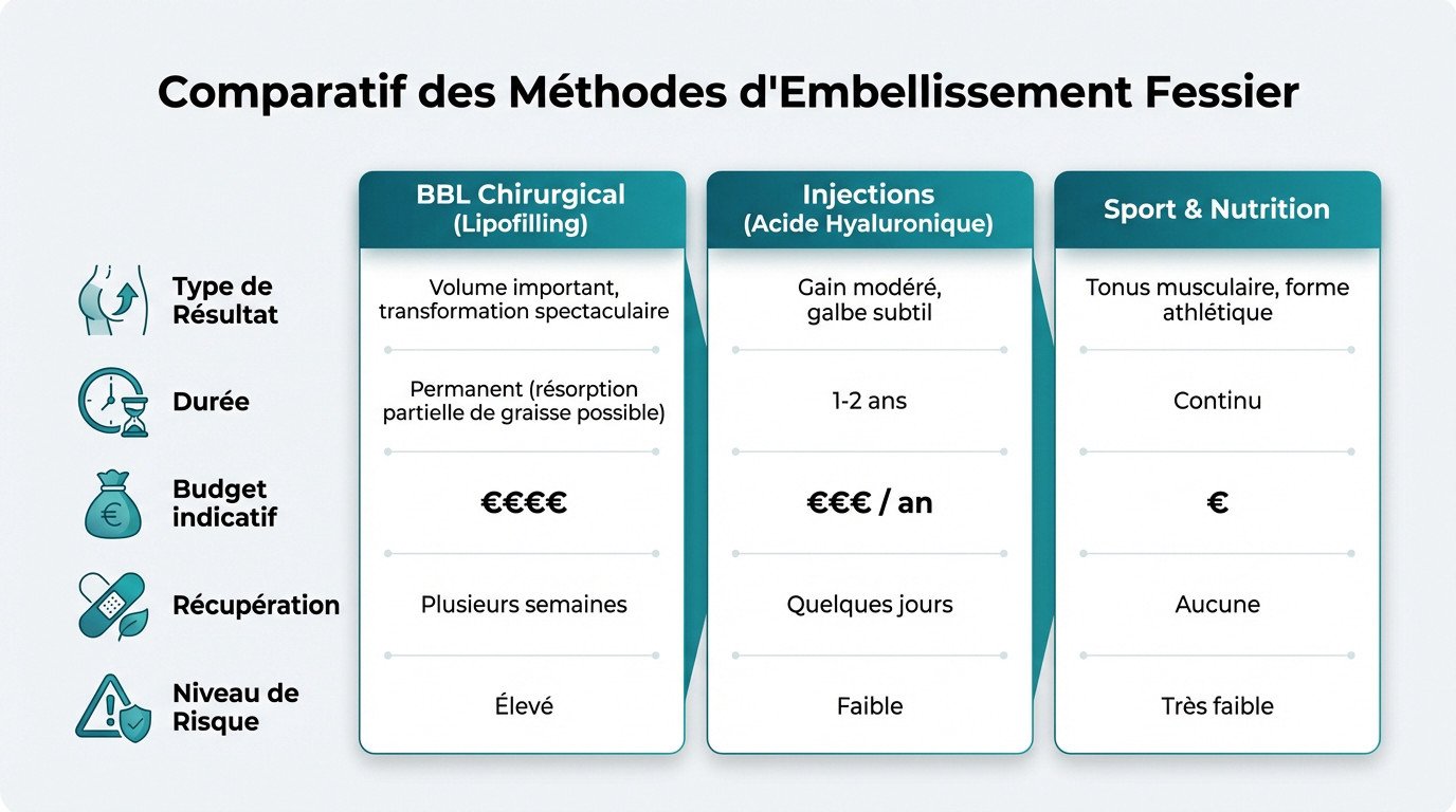 Comparatif visuel des méthodes d'embellissement fessier : chirurgie, injections et sport