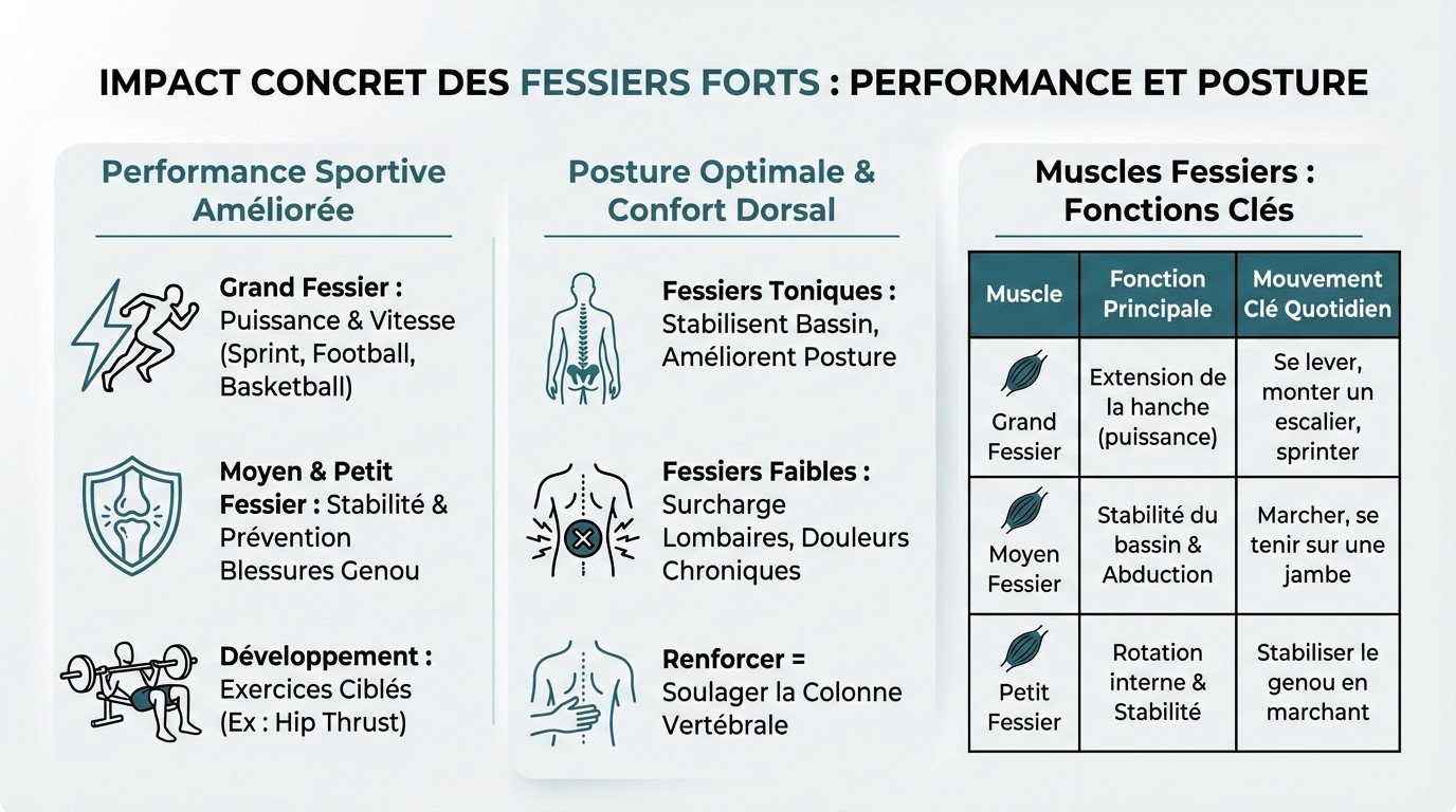 Schéma montrant l'impact des muscles fessiers sur la posture et la performance sportive
