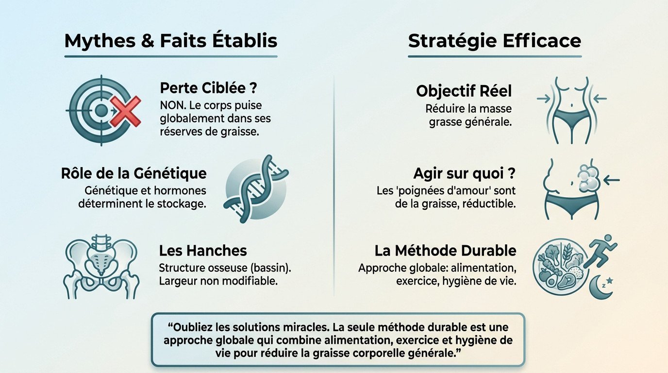 Infographie illustrant la différence entre la structure osseuse du bassin et la graisse des hanches
