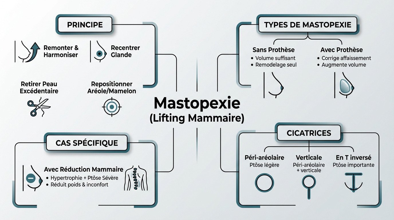 Schéma explicatif des incisions et du résultat d'une mastopexie ou lifting mammaire