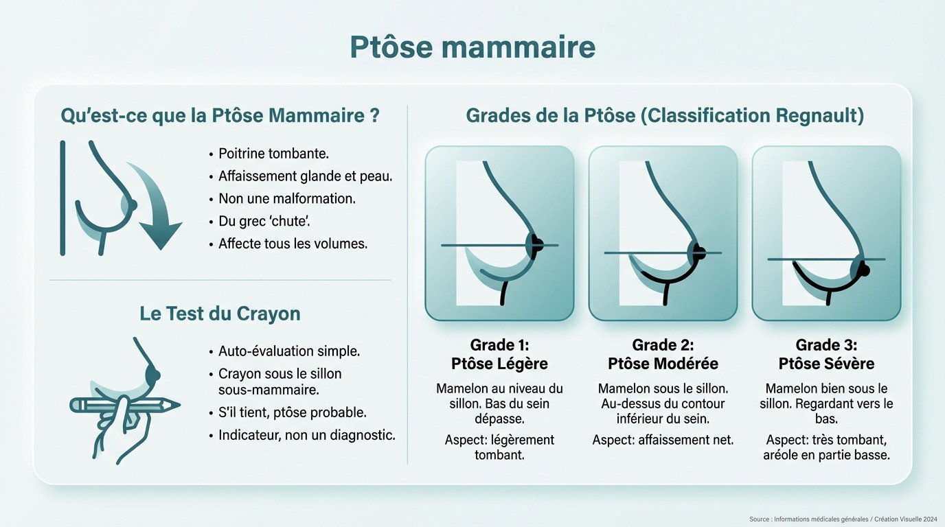 Schéma explicatif illustrant les différents grades de la ptôse mammaire et la position du mamelon