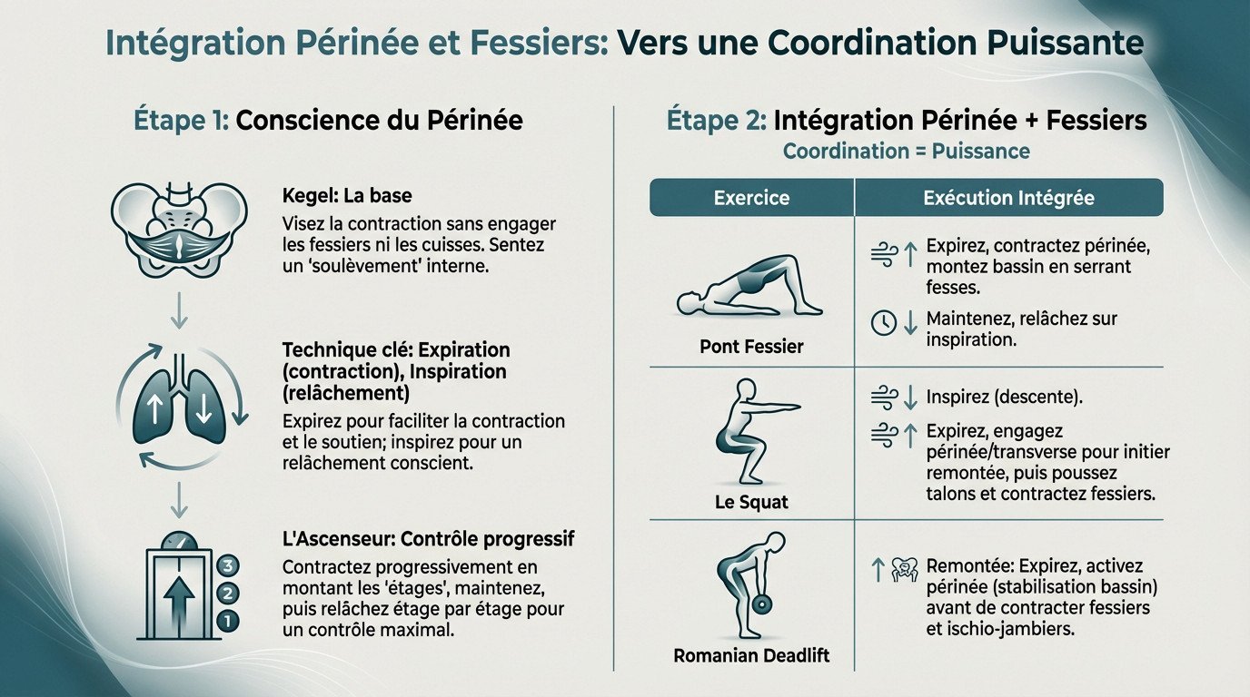 Schéma montrant l'activation simultanée du périnée et des fessiers lors d'un exercice de squat