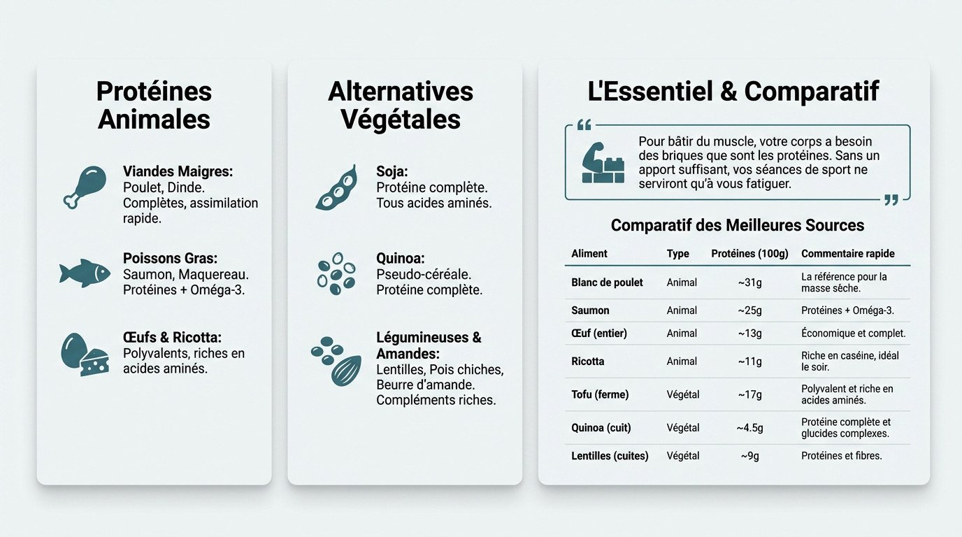 Comparatif visuel des meilleures sources de protéines animales et végétales pour la musculation des fessiers