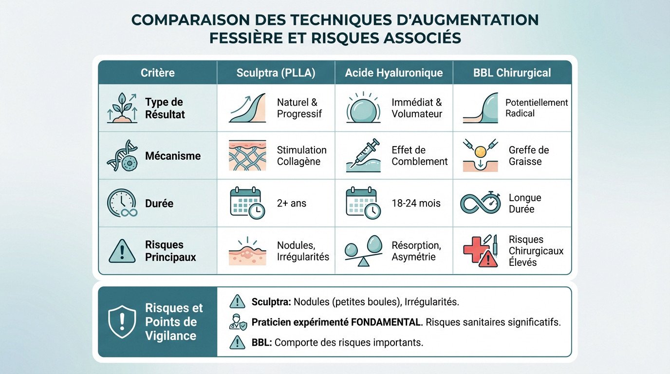 Tableau comparatif des risques et résultats entre Sculptra et chirurgie fessière