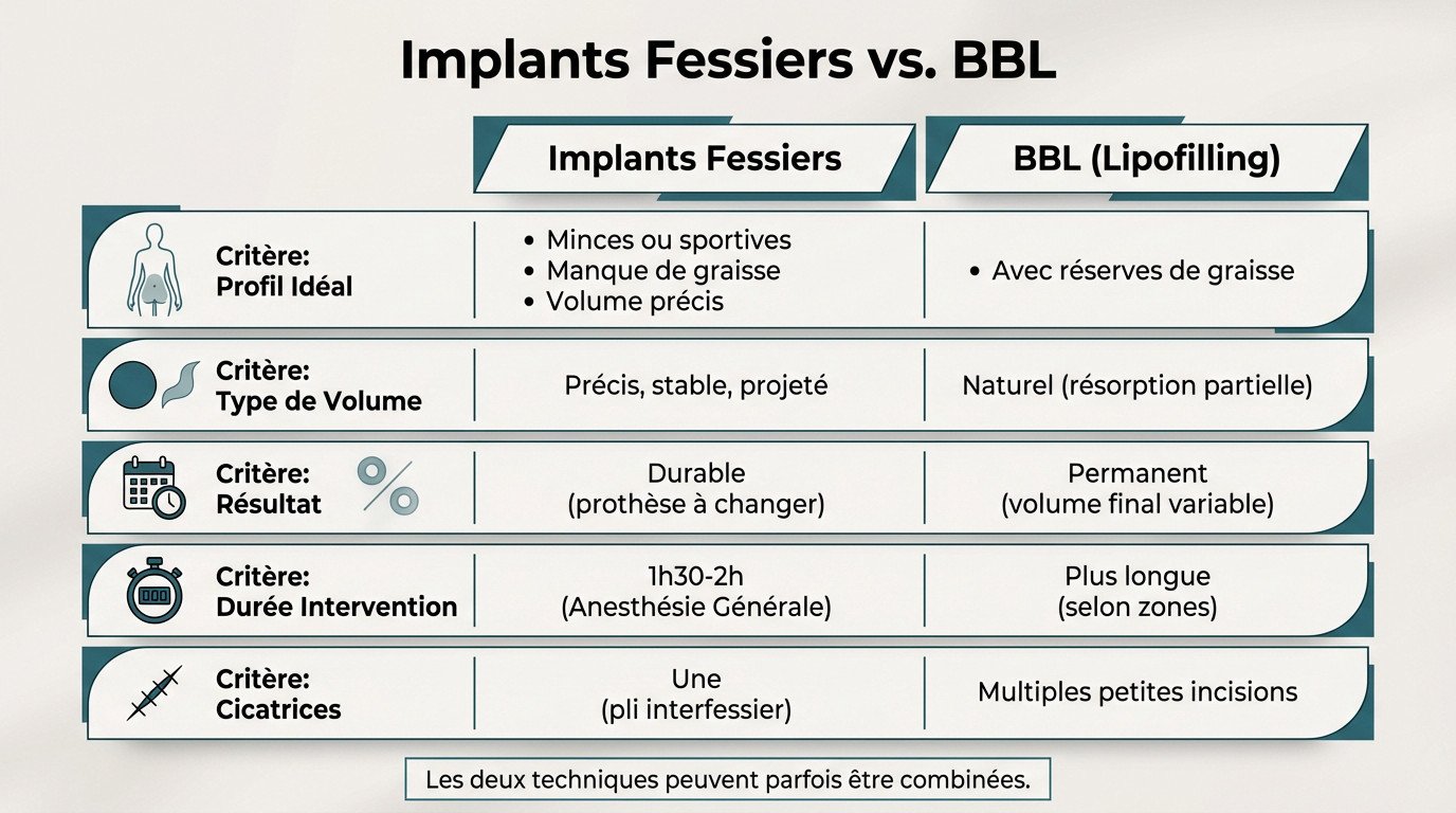 Comparaison visuelle entre le résultat d'implants fessiers et un lipofilling BBL