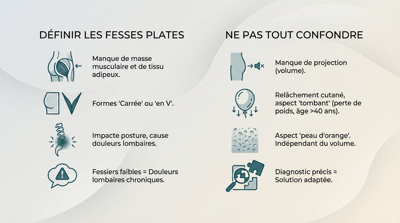 Schéma comparatif illustrant la différence morphologique entre des fesses plates, molles et musclées