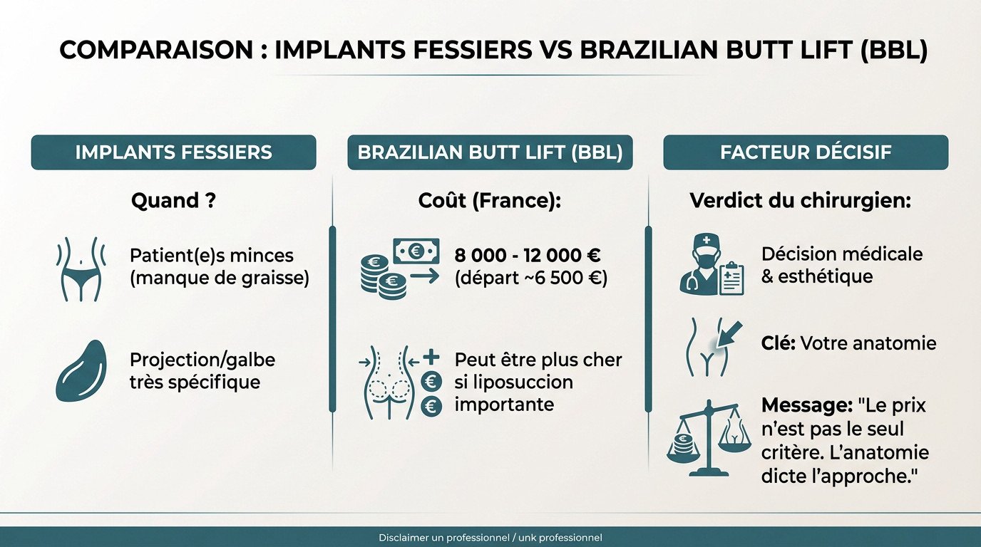 Comparaison visuelle entre implants fessiers et BBL pour le choix de la chirurgie