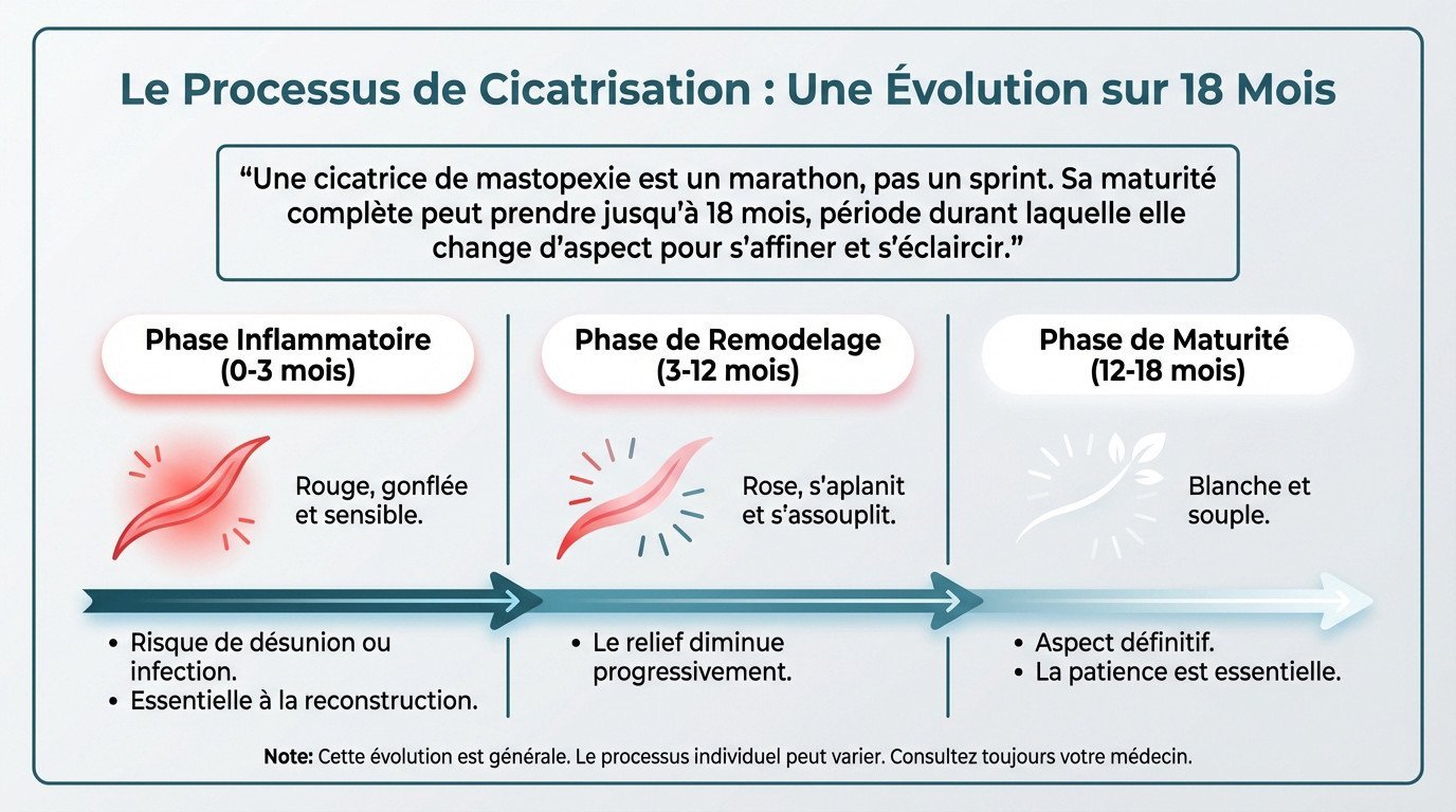 Schéma illustrant l'évolution de la cicatrisation d'une mastopexie sur 18 mois