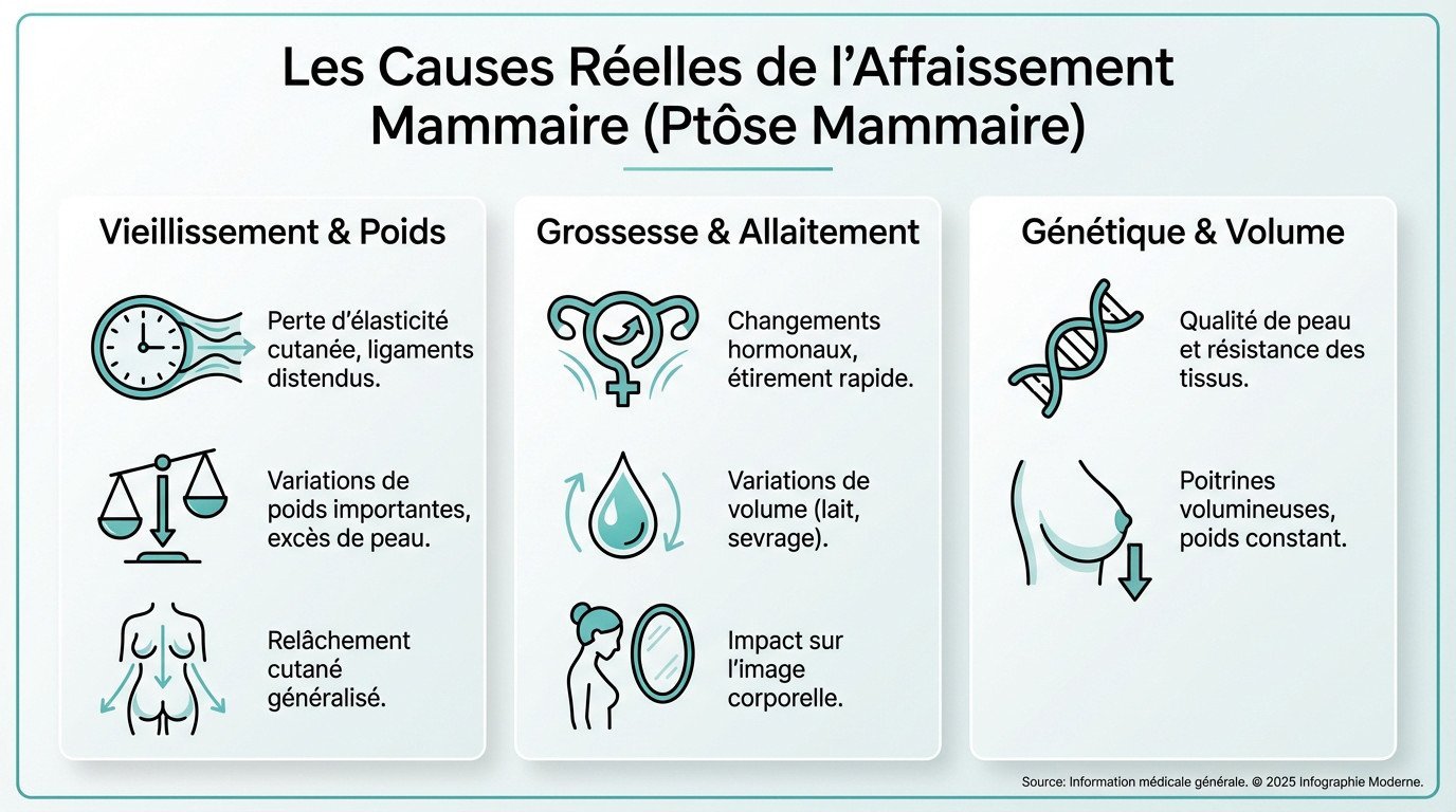 Schéma explicatif montrant les causes de la ptôse mammaire comme le relâchement cutané et les variations de poids