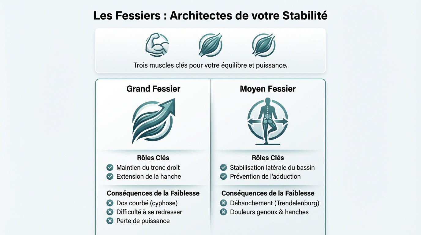 Schéma anatomique montrant les muscles grand, moyen et petit fessier soutenant le bassin et la colonne vertébrale