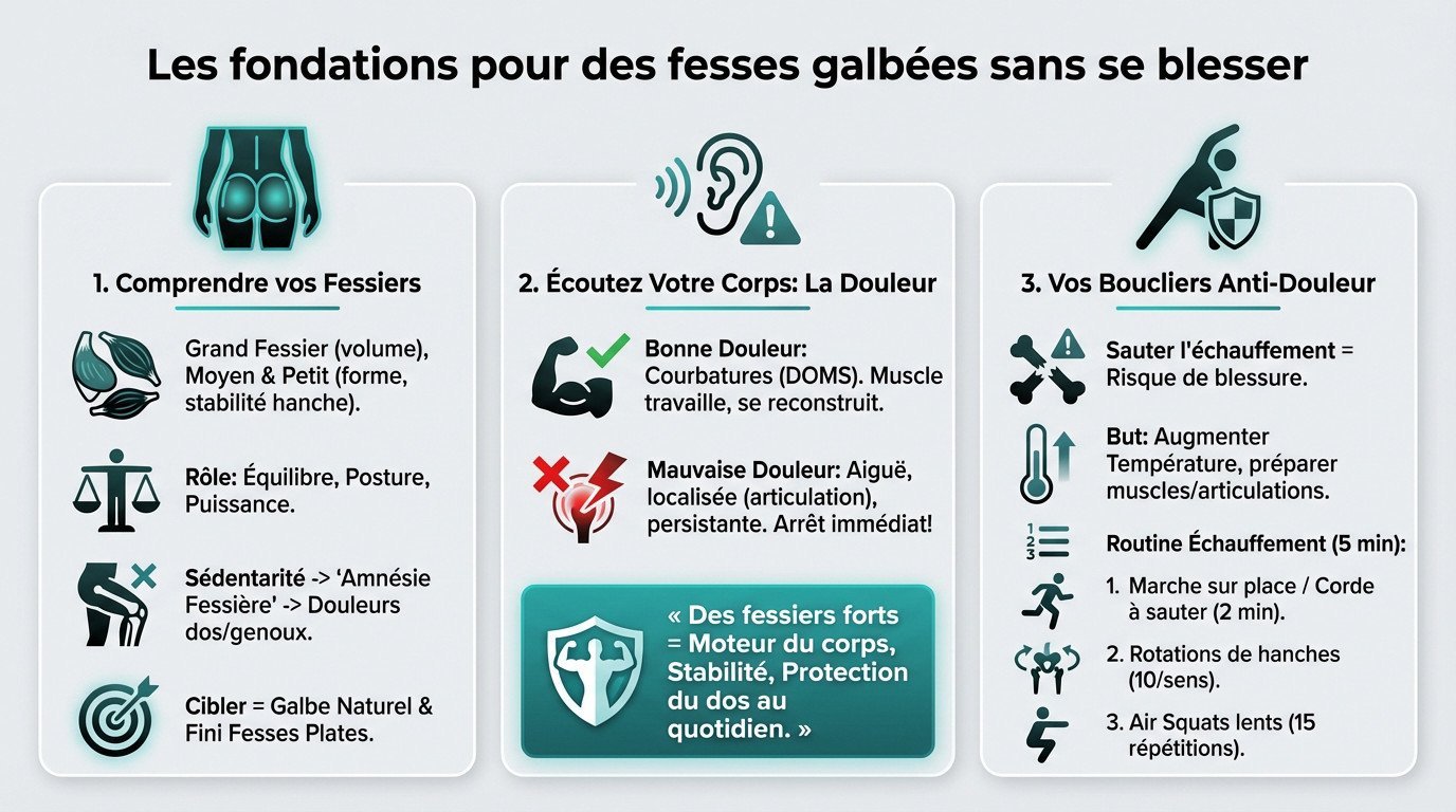Schéma anatomique des muscles fessiers et posture pour éviter les blessures