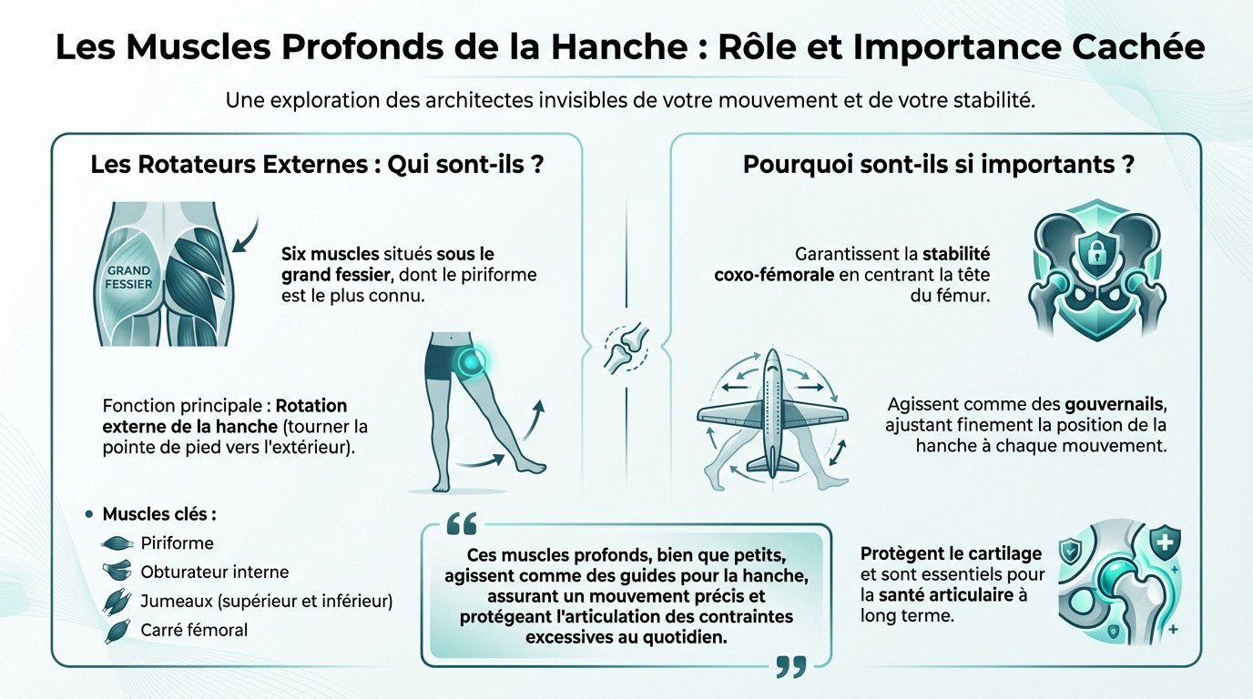 Schéma anatomique montrant les muscles profonds de la hanche et leur action de stabilisation sur le fémur