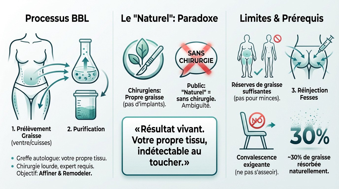 Infographie expliquant la procédure du BBL chirurgical, les conditions requises et la réalité de l'intervention
