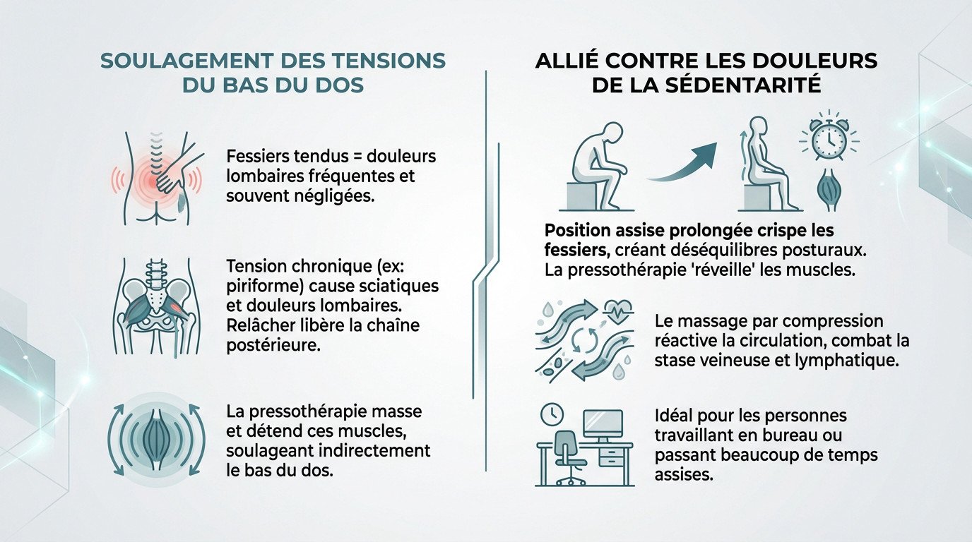Séance de pressothérapie ciblant les fessiers pour soulager les tensions lombaires