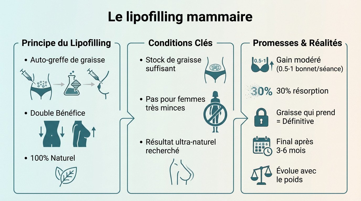 Illustration du principe du lipofilling mammaire : prélèvement et réinjection de graisse