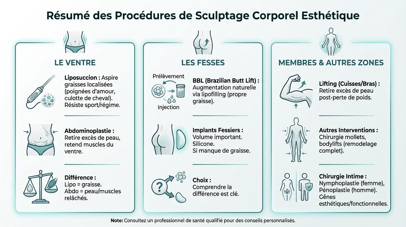 Schéma comparatif des procédures de remodelage corporel et leurs zones d'intervention