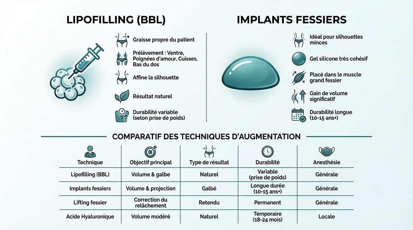 Comparaison visuelle des techniques d'augmentation fessière et résultats attendus
