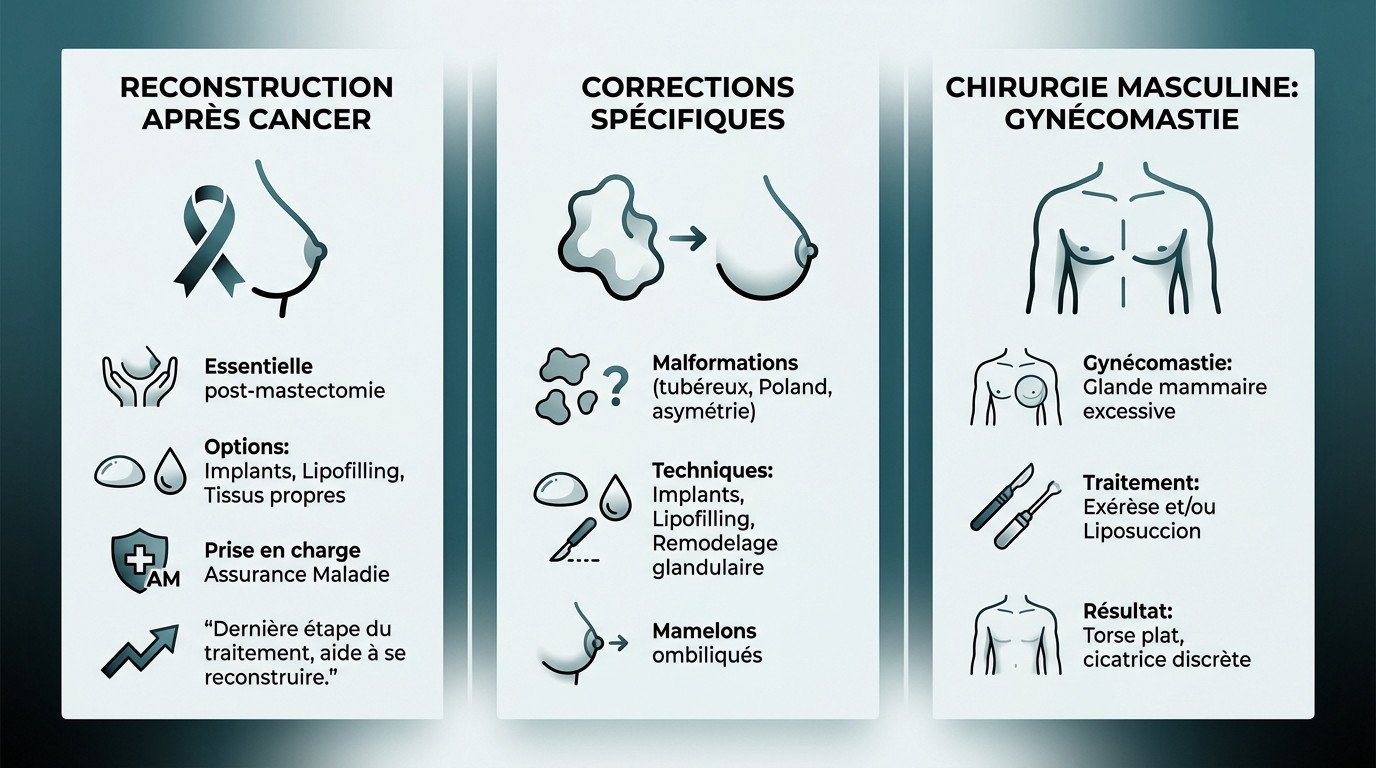 Infographie sur les techniques de réparation chirurgicale du sein : reconstruction et correction