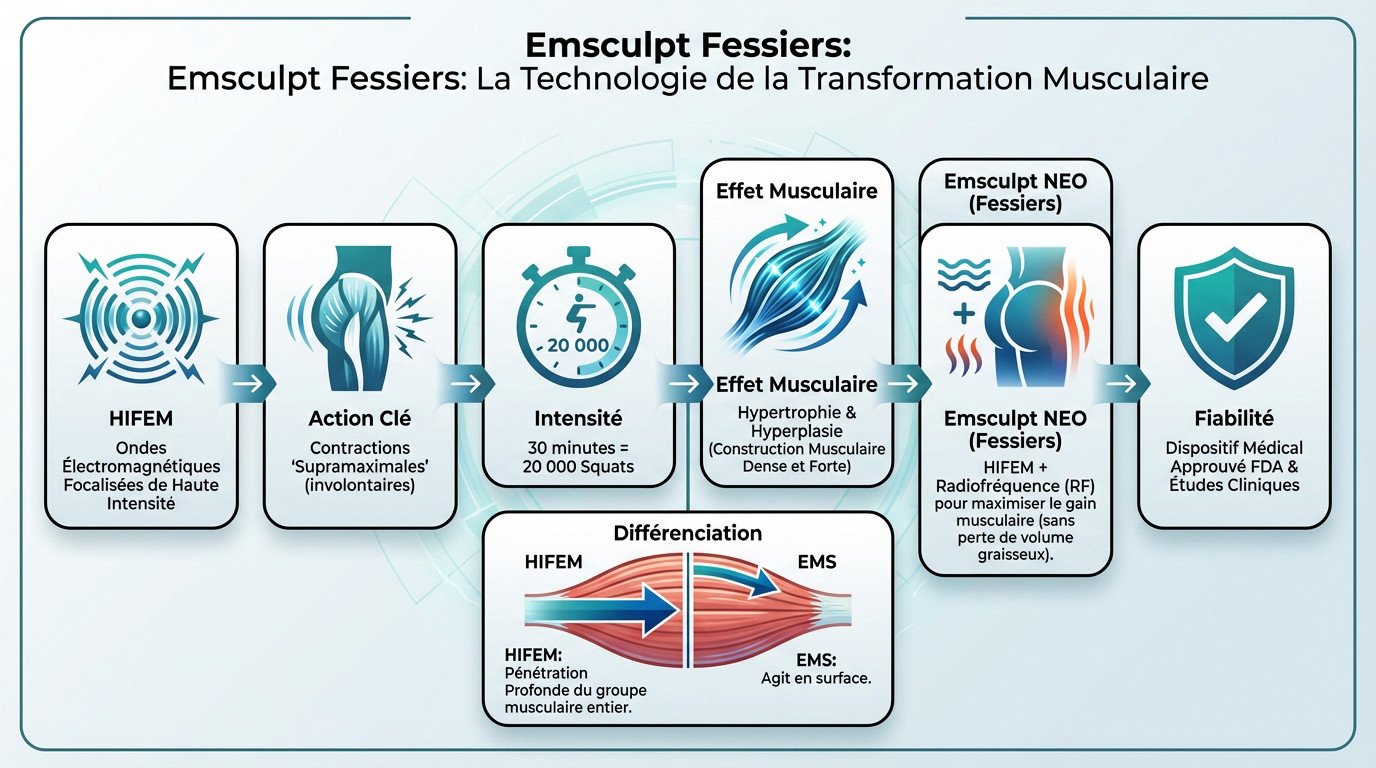 Technologie Emsculpt fessiers utilisant les ondes HIFEM pour le renforcement musculaire