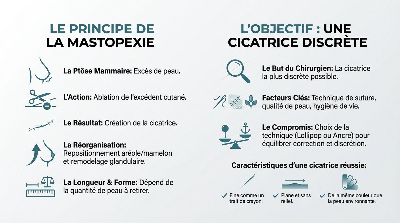 Schéma explicatif du principe de la mastopexie et de l'objectif d'une cicatrice discrète