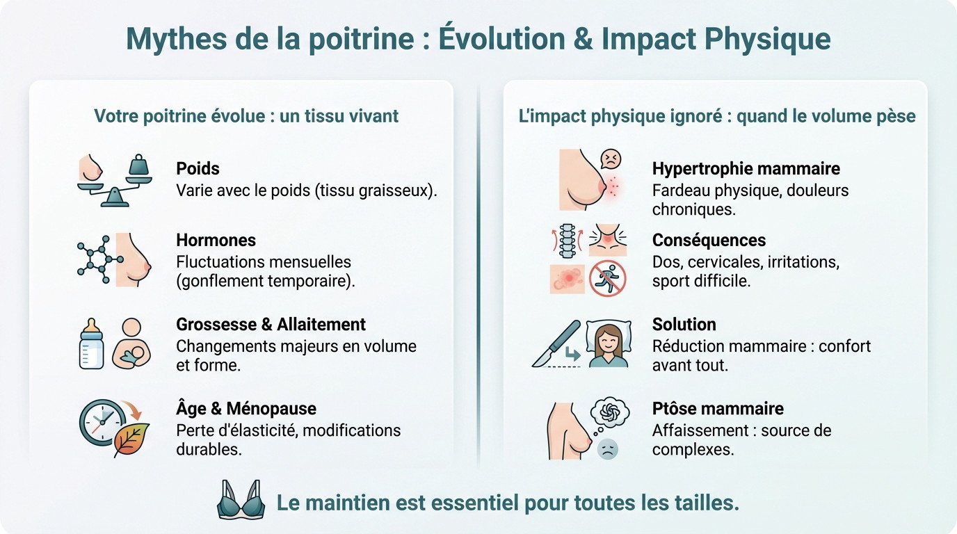 Schéma illustrant l'anatomie du sein et l'impact du poids de la poitrine sur la posture et le dos