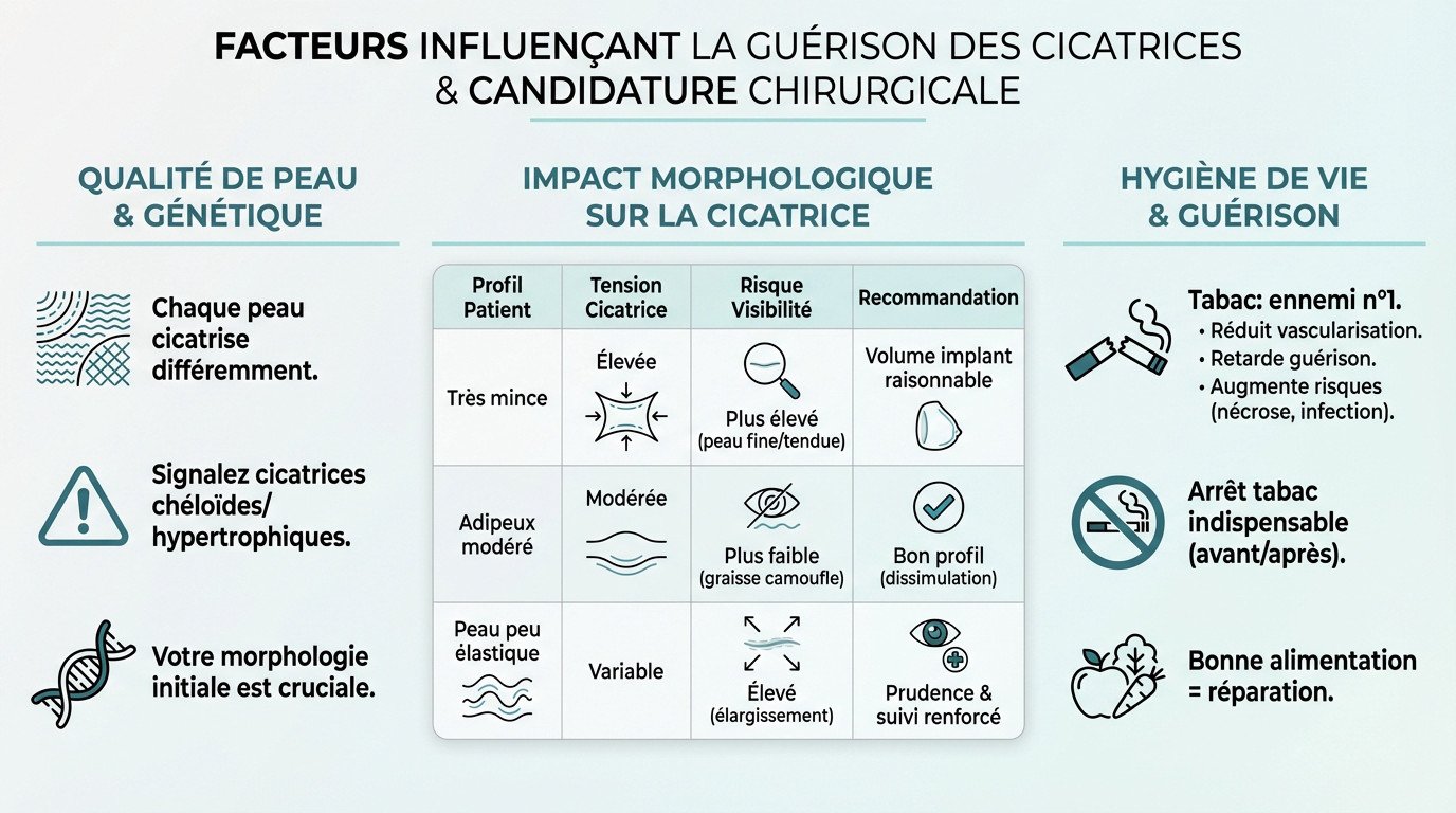 Schéma illustrant les facteurs de guérison des cicatrices en chirurgie esthétique