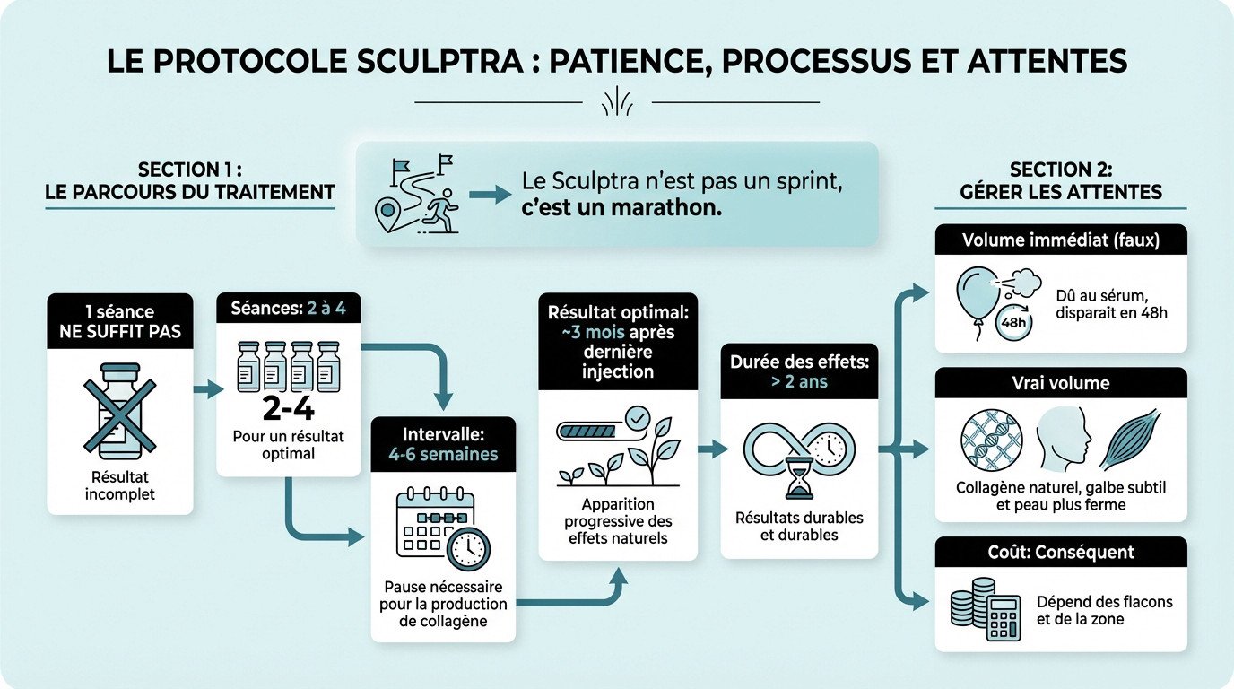 Schéma du protocole Sculptra pour les fesses montrant la patience nécessaire