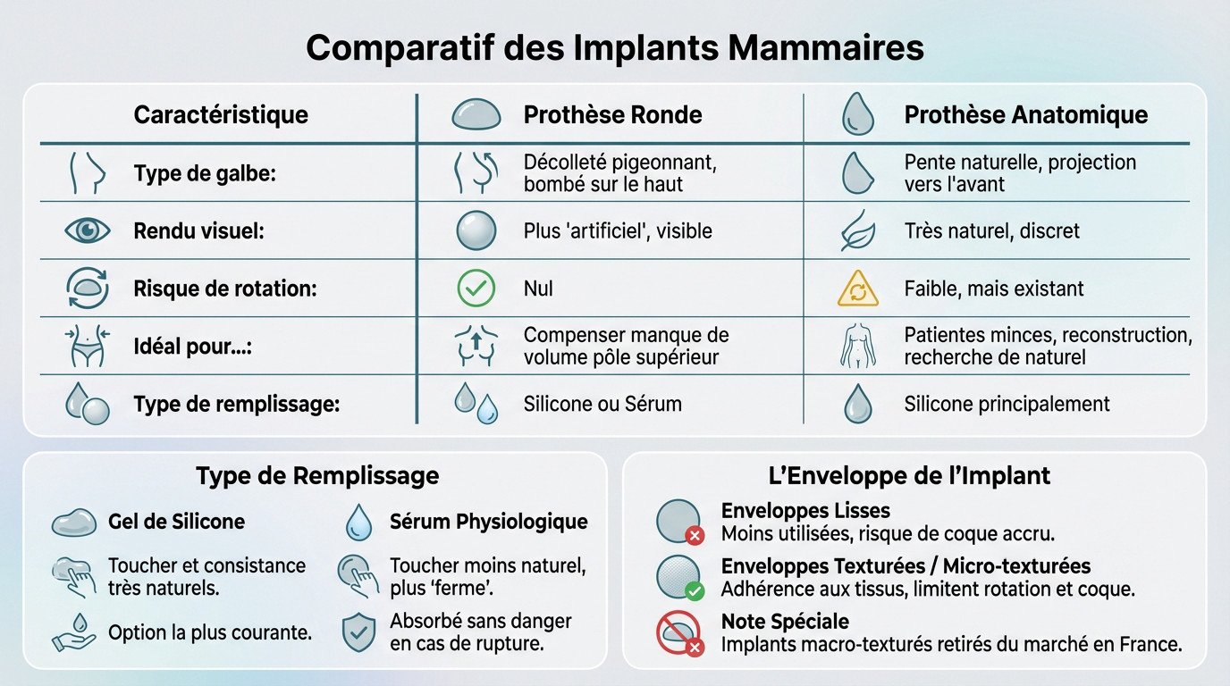 Schéma comparatif illustrant la différence de forme entre une prothèse mammaire ronde et une prothèse anatomique