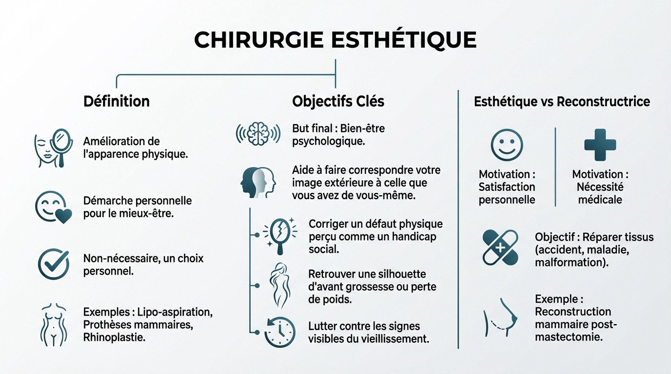 Comparaison visuelle entre les objectifs de la chirurgie esthétique et ceux de la chirurgie reconstructrice
