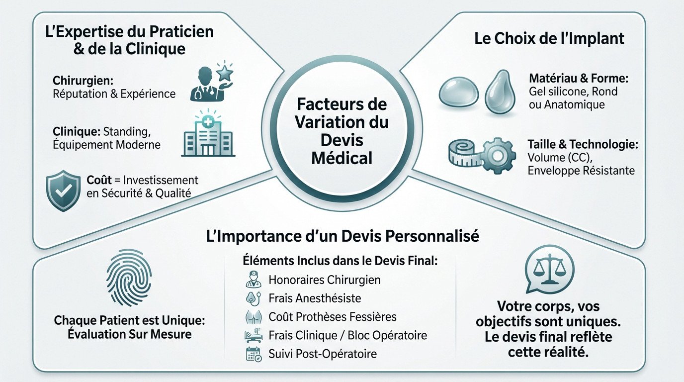 Schéma illustrant la répartition des coûts d'une chirurgie des fesses : chirurgien, anesthésie, clinique et implants