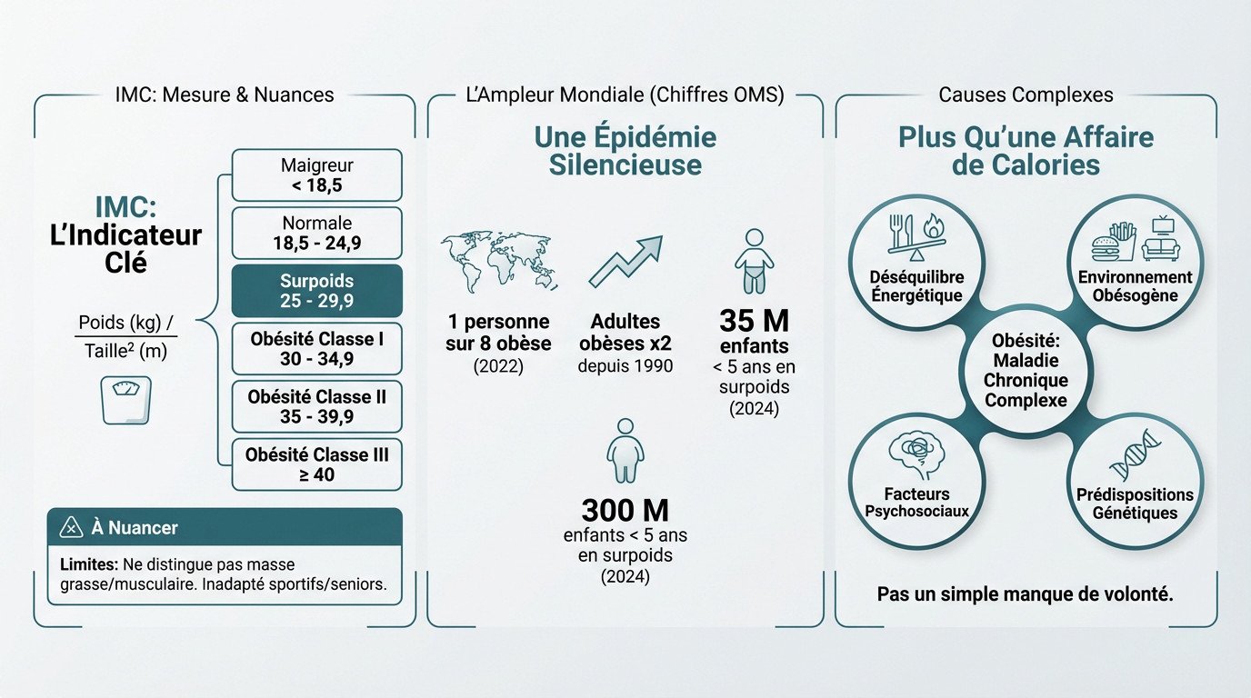 Schéma explicatif montrant les facteurs de l'obésité et la classification IMC