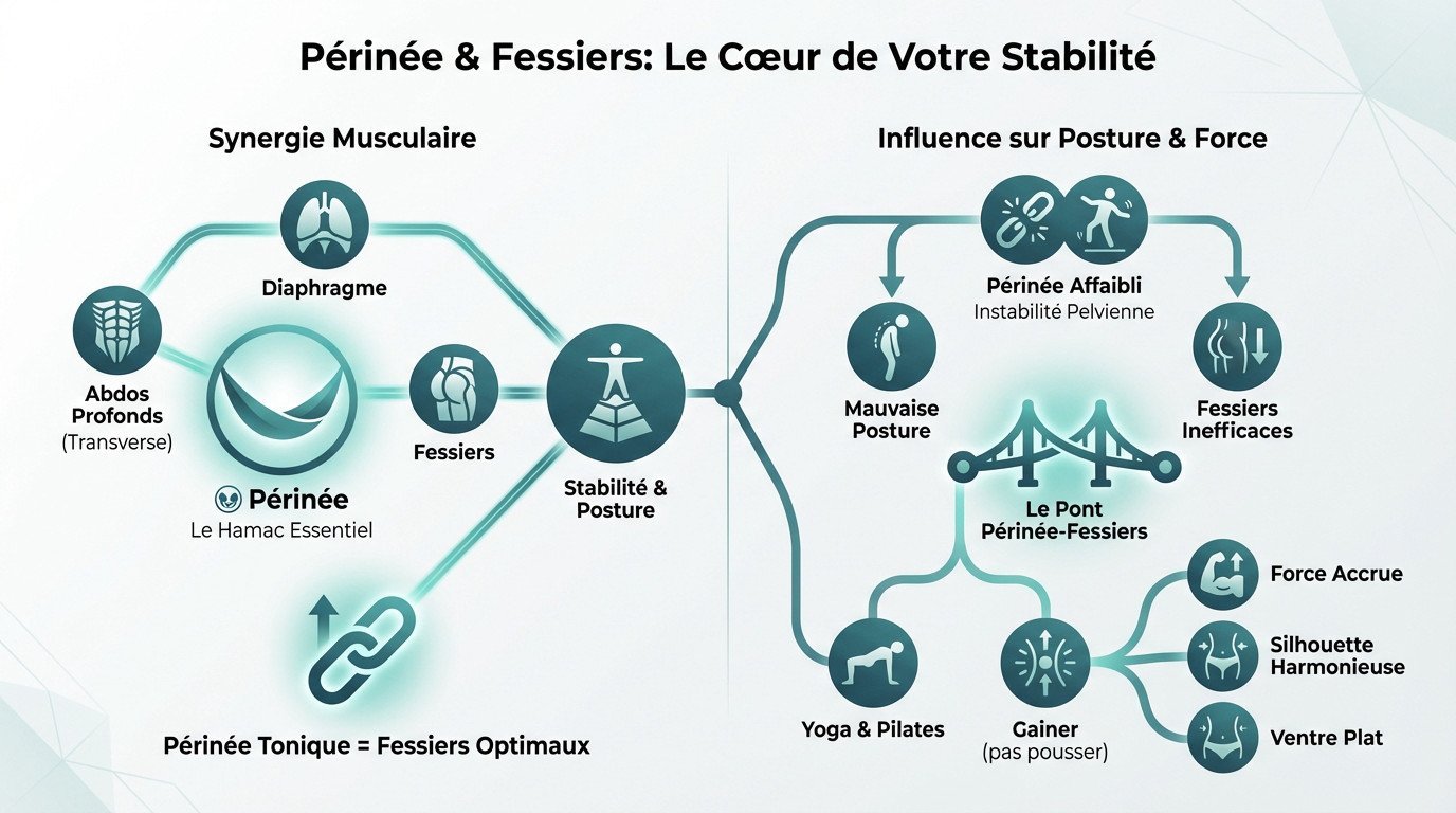 Schéma anatomique montrant la synergie musculaire entre le périnée et les fessiers pour la stabilité du bassin