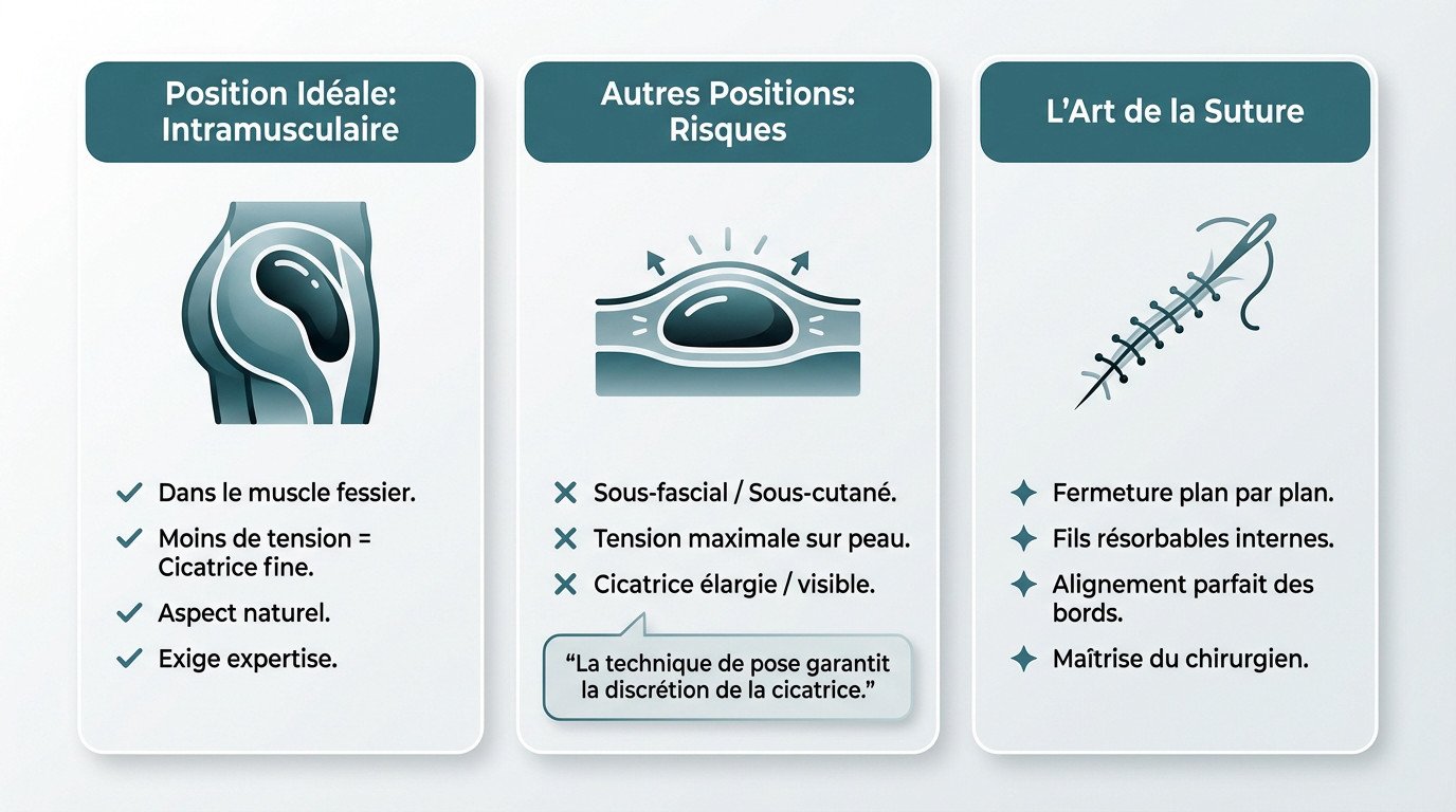 Schéma montrant l'impact de la technique chirurgicale sur la cicatrice d'implant fessier