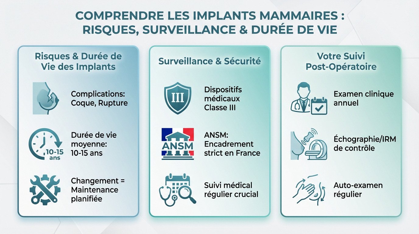 Schéma explicatif sur la durée de vie et le suivi des implants mammaires