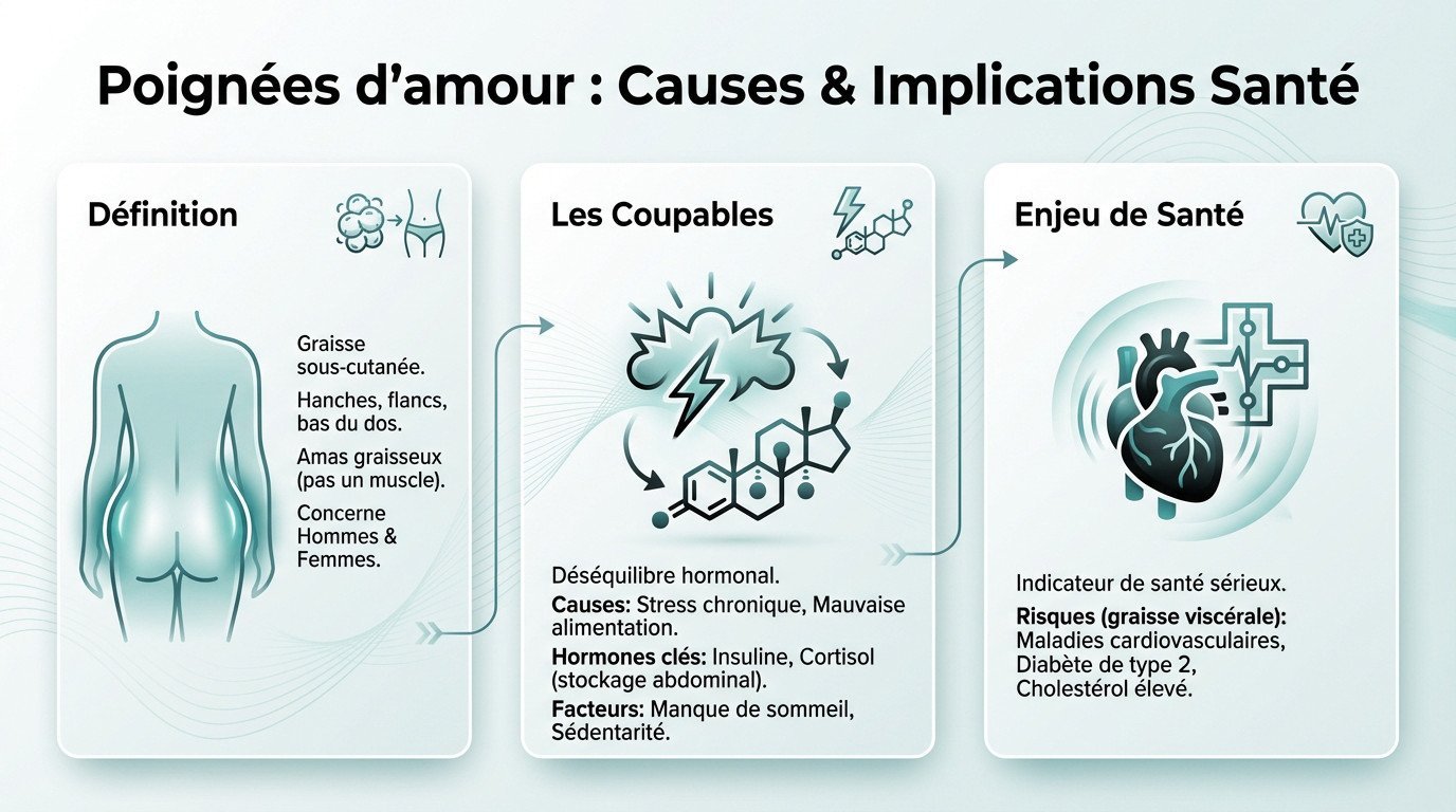 Schéma illustrant la localisation des poignées d'amour et les facteurs de risques associés