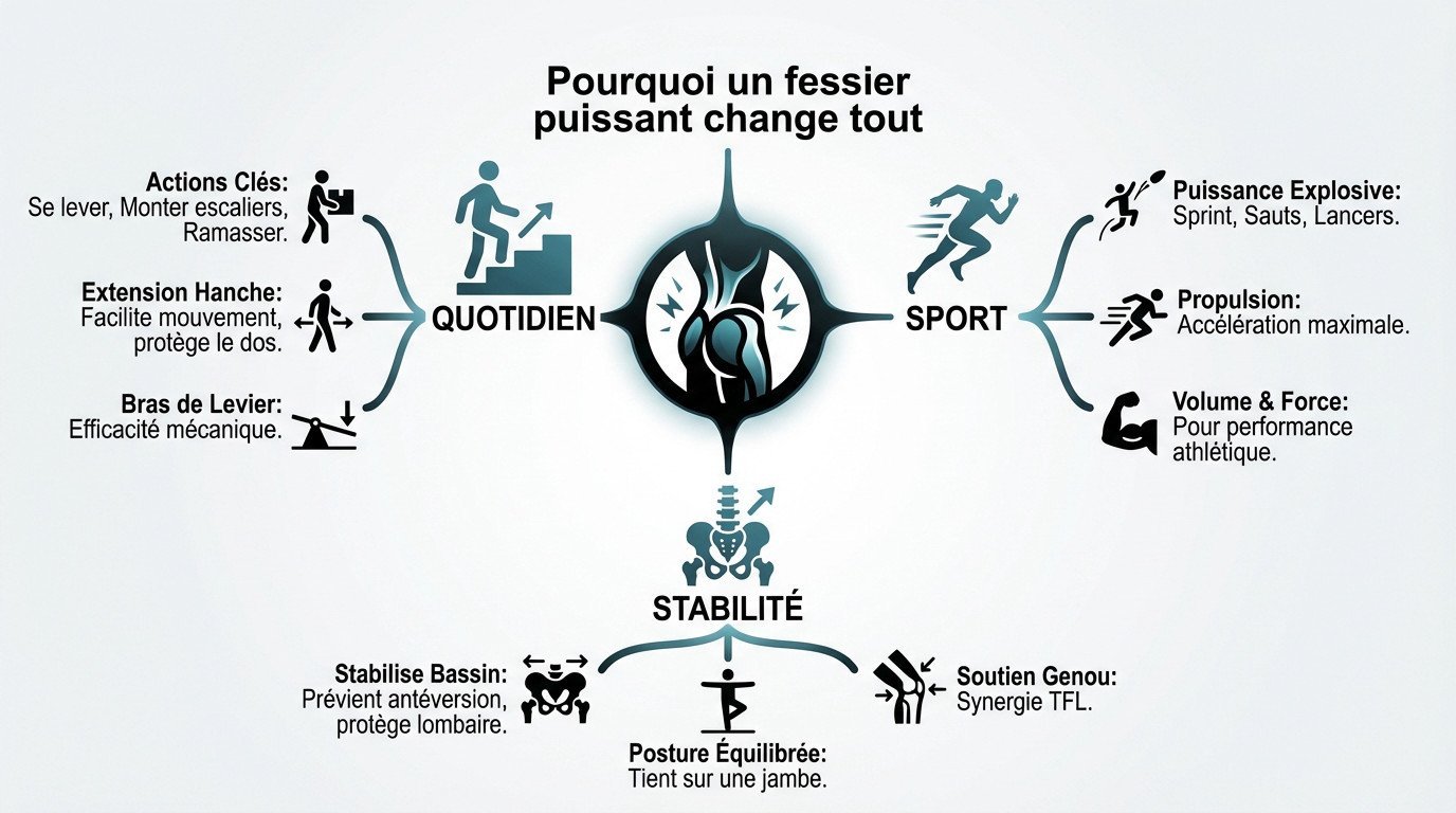 Illustration anatomique montrant la puissance du grand fessier lors d'un mouvement d'extension de hanche