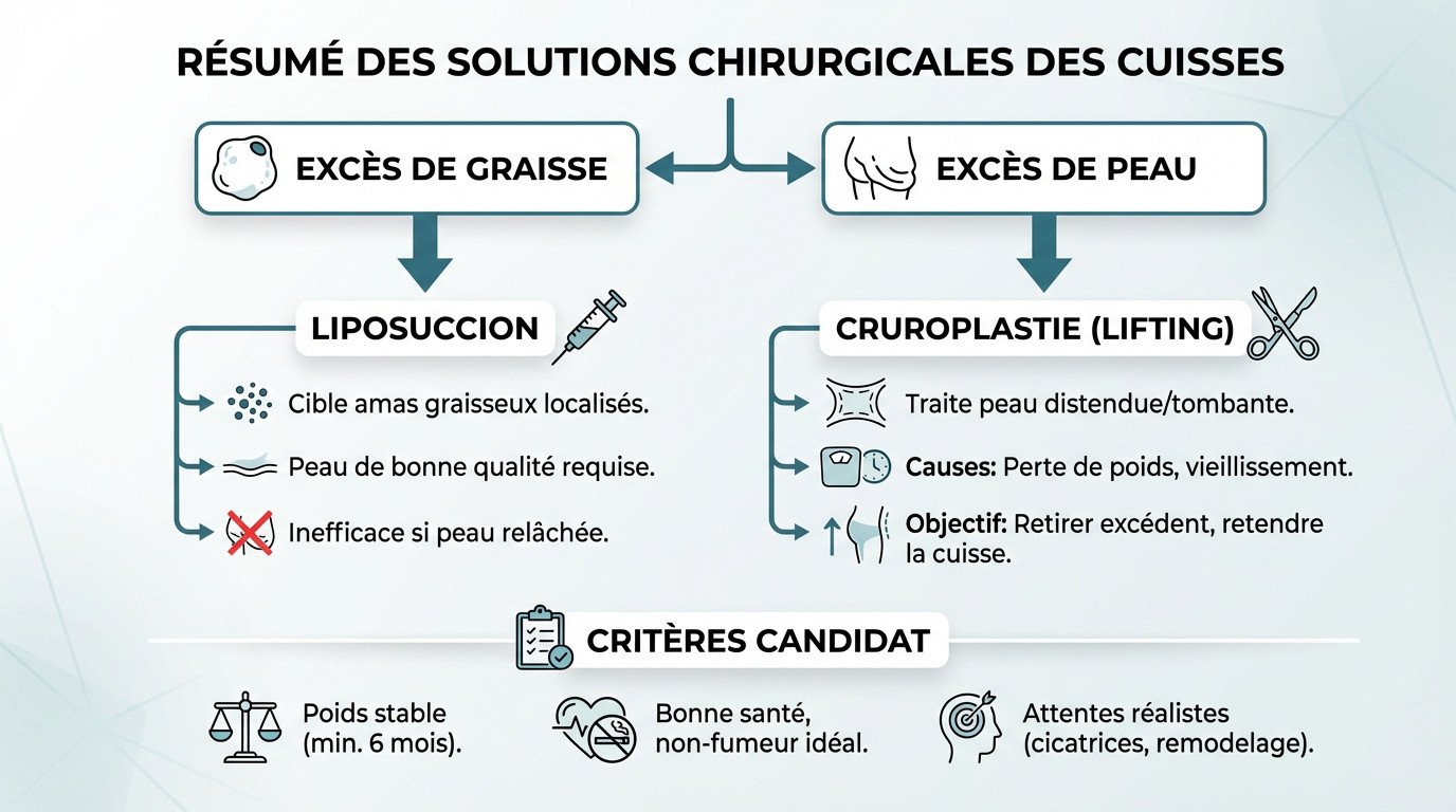 Schéma comparatif illustrant la différence entre liposuccion et lifting des cuisses