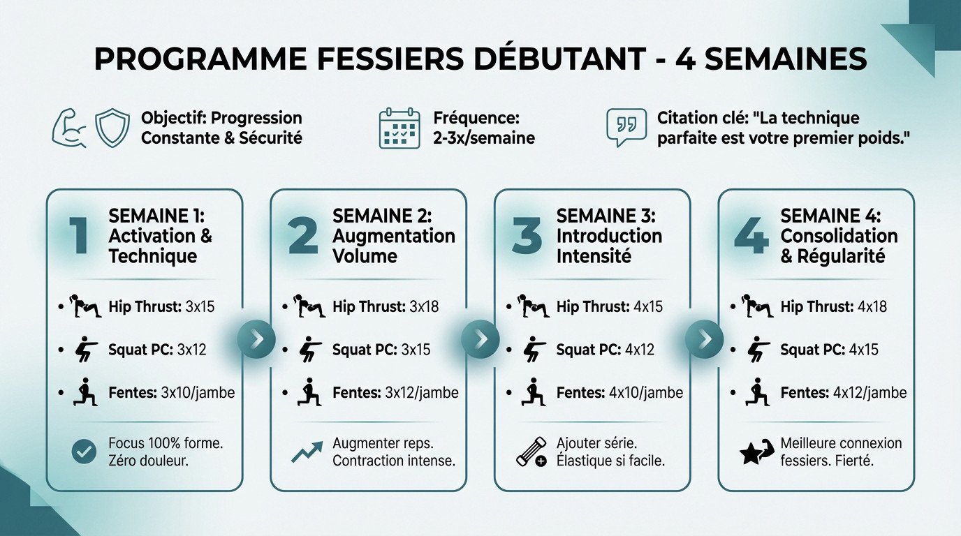 Tableau récapitulatif du programme fessiers débutant sur 4 semaines