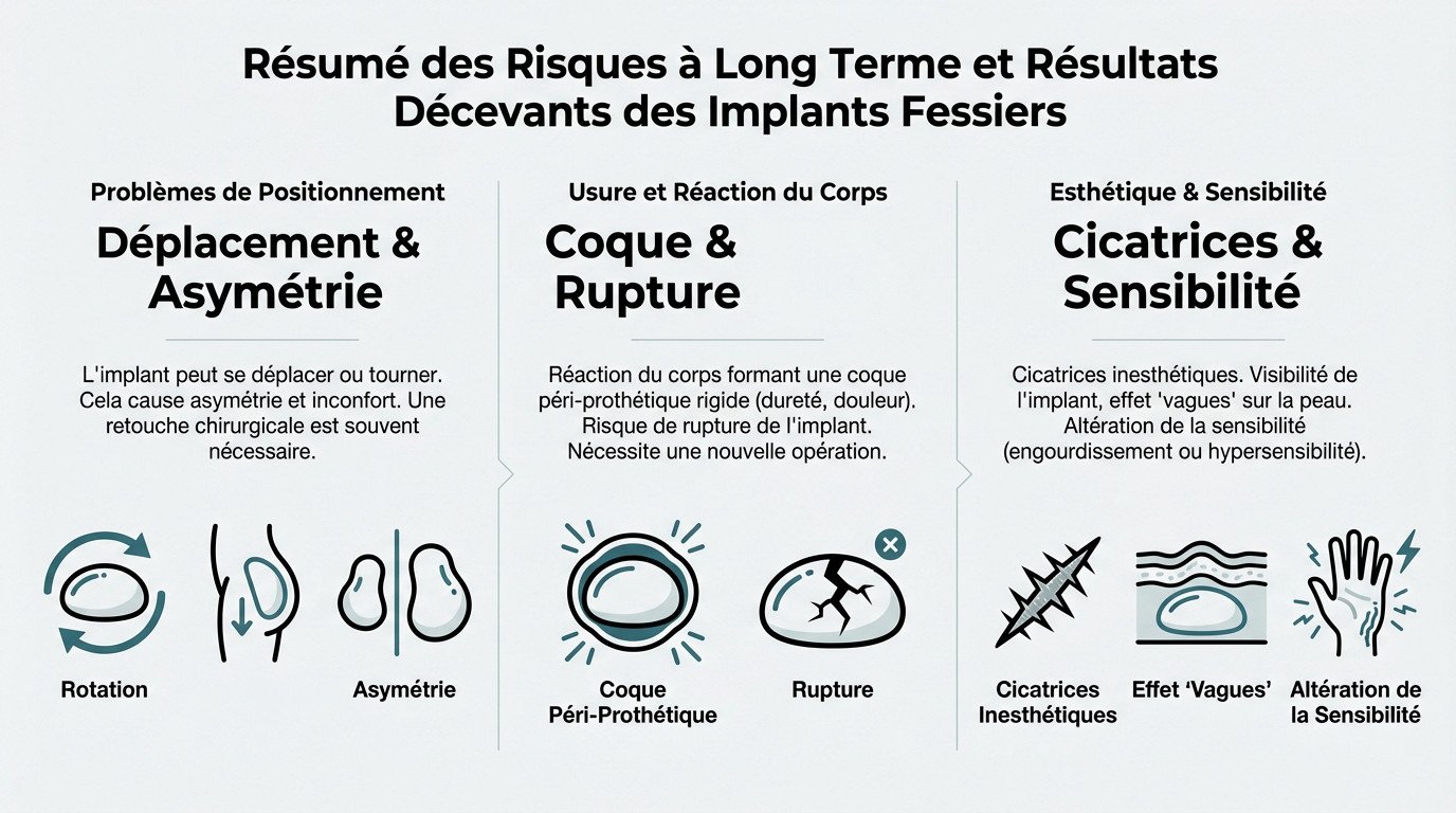 Infographie détaillant les risques à long terme des implants fessiers comme le déplacement et la coque