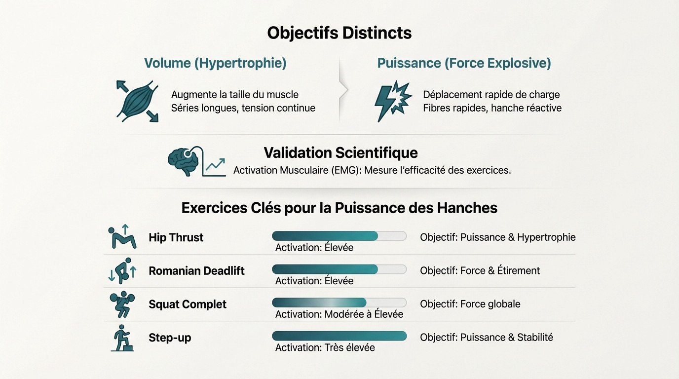 Schéma montrant les zones musculaires sollicitées pour la puissance des hanches et exercices associés